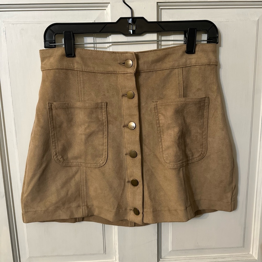 Altar'd state vegan faux-suede a line button front skirt tan size small